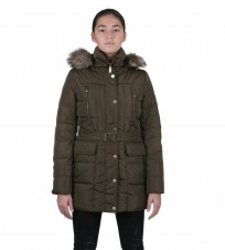  Hooded Faux Fur Trim Down Belted Khaki Coat -     BOMBABRANDS.RU